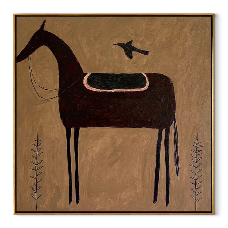 Bird Guards Empty Saddle - Saddled Black Horse Painting | Modern Western Square Wall Art