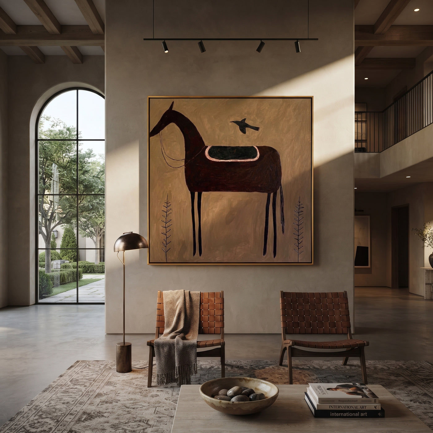 Bird Guards Empty Saddle - saddled black horse painting by Isabelle Laurent, modern Western square wall art – styled room scene view 2