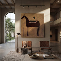 Bird Guards Empty Saddle - saddled black horse painting by Isabelle Laurent, modern Western square wall art – styled room scene view 2