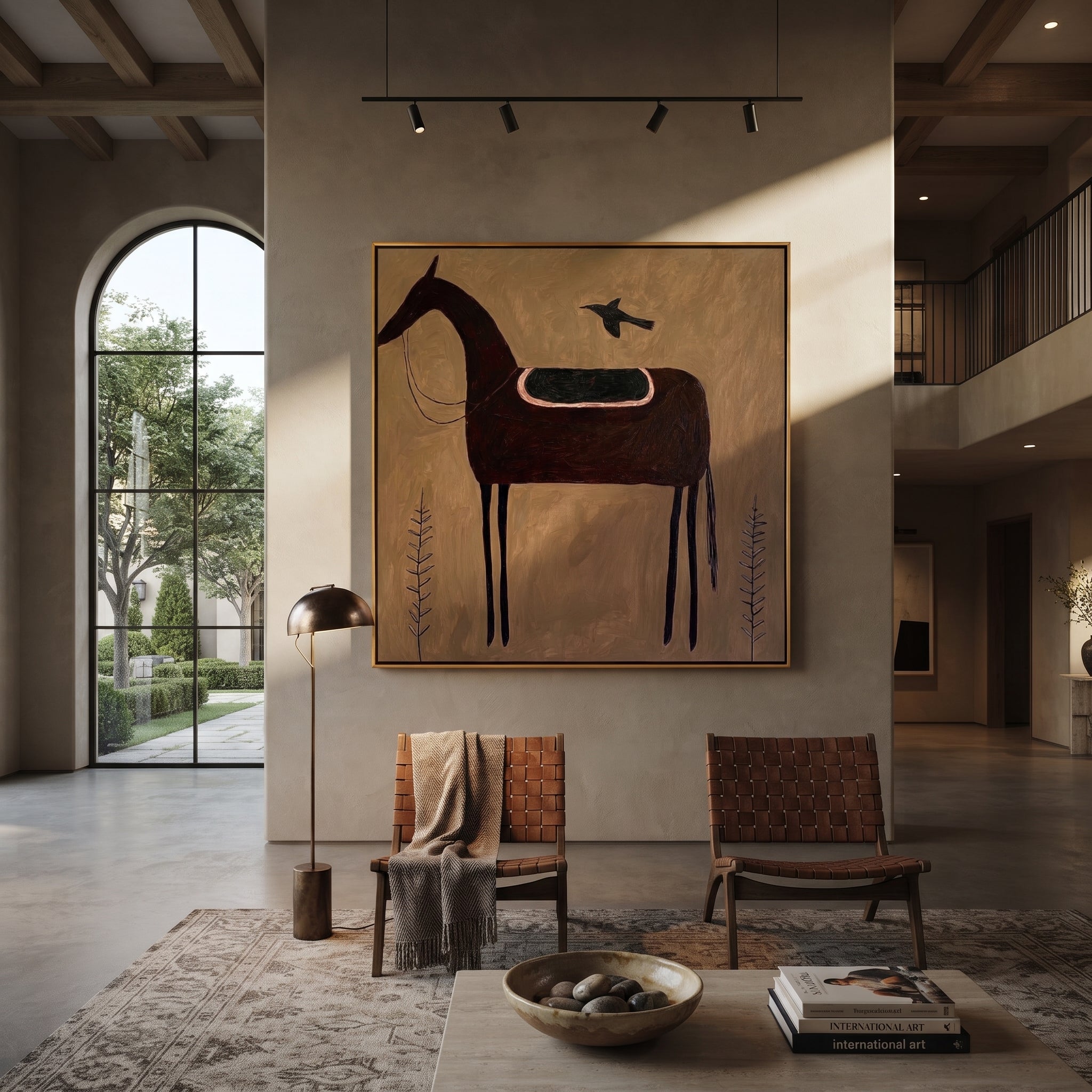 Bird Guards Empty Saddle - saddled black horse painting by Isabelle Laurent, modern Western square wall art – styled room scene view 2