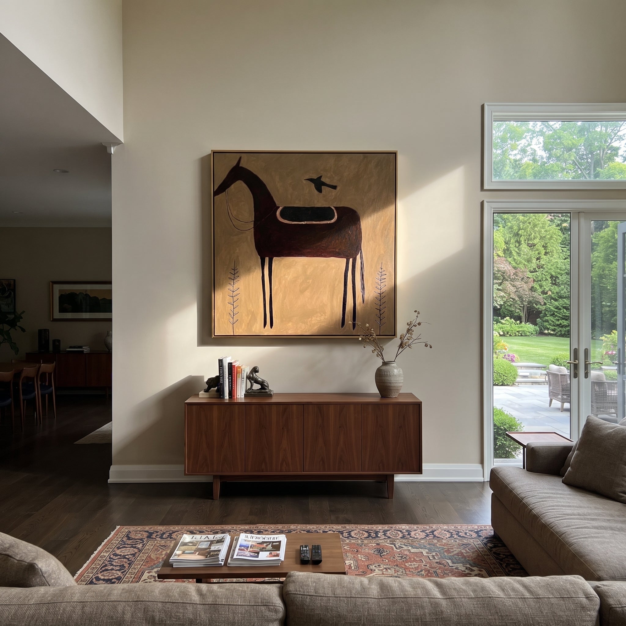 Bird Guards Empty Saddle - saddled black horse painting by Isabelle Laurent, modern Western square wall art – styled room scene view 3