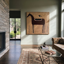 Bird Guards Empty Saddle - saddled black horse painting by Isabelle Laurent, modern Western square wall art – styled room scene view 5