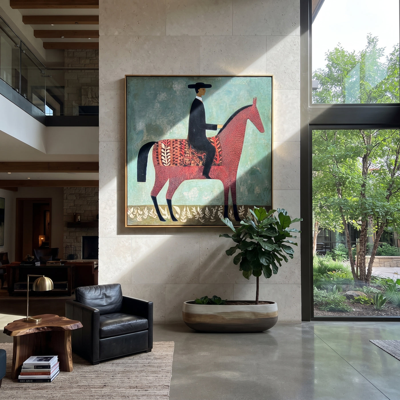 Patterned Saddle Meets Sage - decorative horse rider painting by Isabelle Laurent, modern Western square wall art – styled room scene view 1