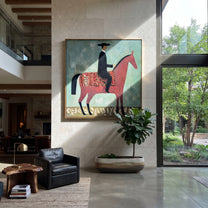 Patterned Saddle Meets Sage - decorative horse rider painting by Isabelle Laurent, modern Western square wall art – styled room scene view 1