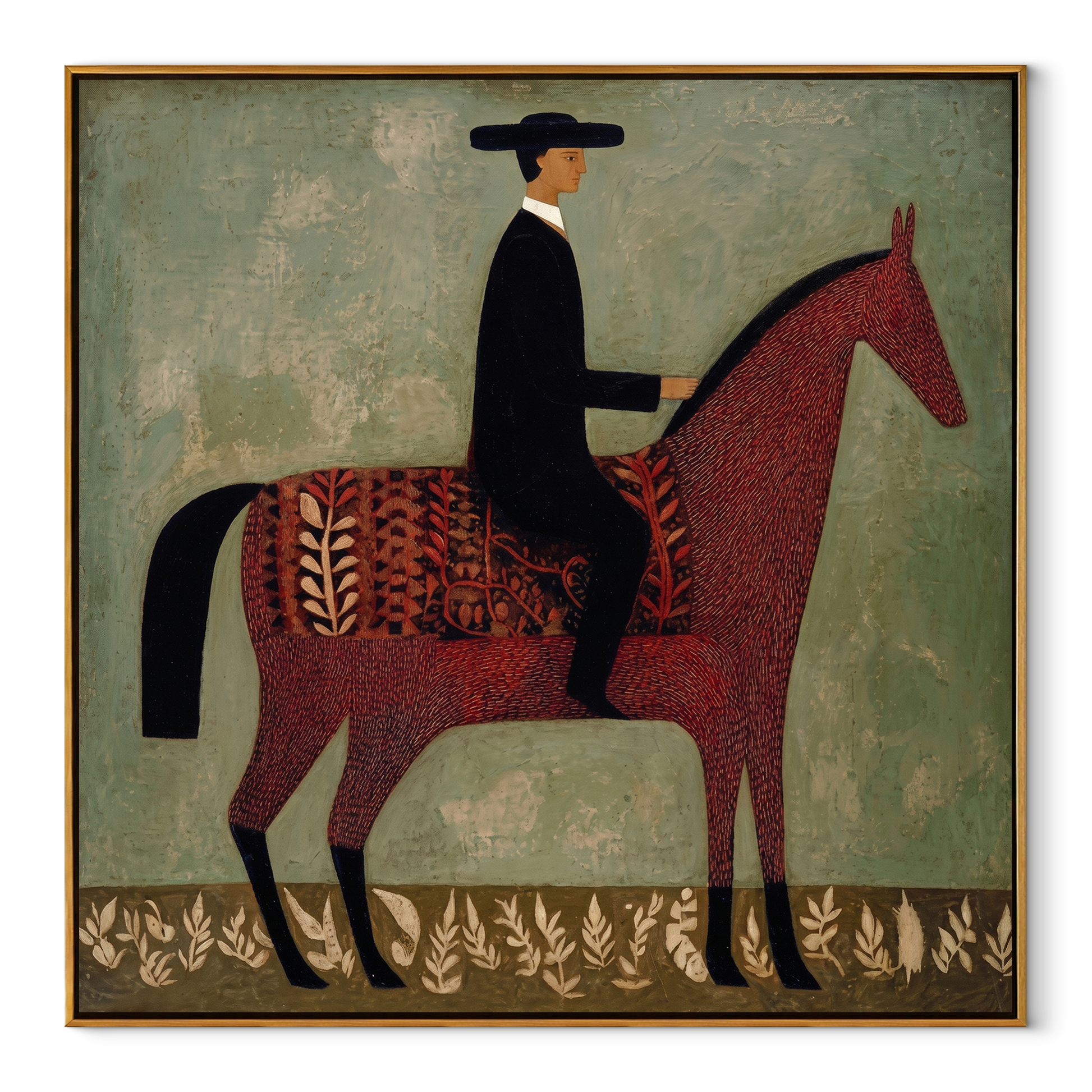 Patterned Saddle Meets Sage - decorative horse rider painting by Isabelle Laurent, modern Western square wall art – wood frame on white background