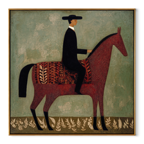 Patterned Saddle Meets Sage - decorative horse rider painting by Isabelle Laurent, modern Western square wall art – wood frame on white background