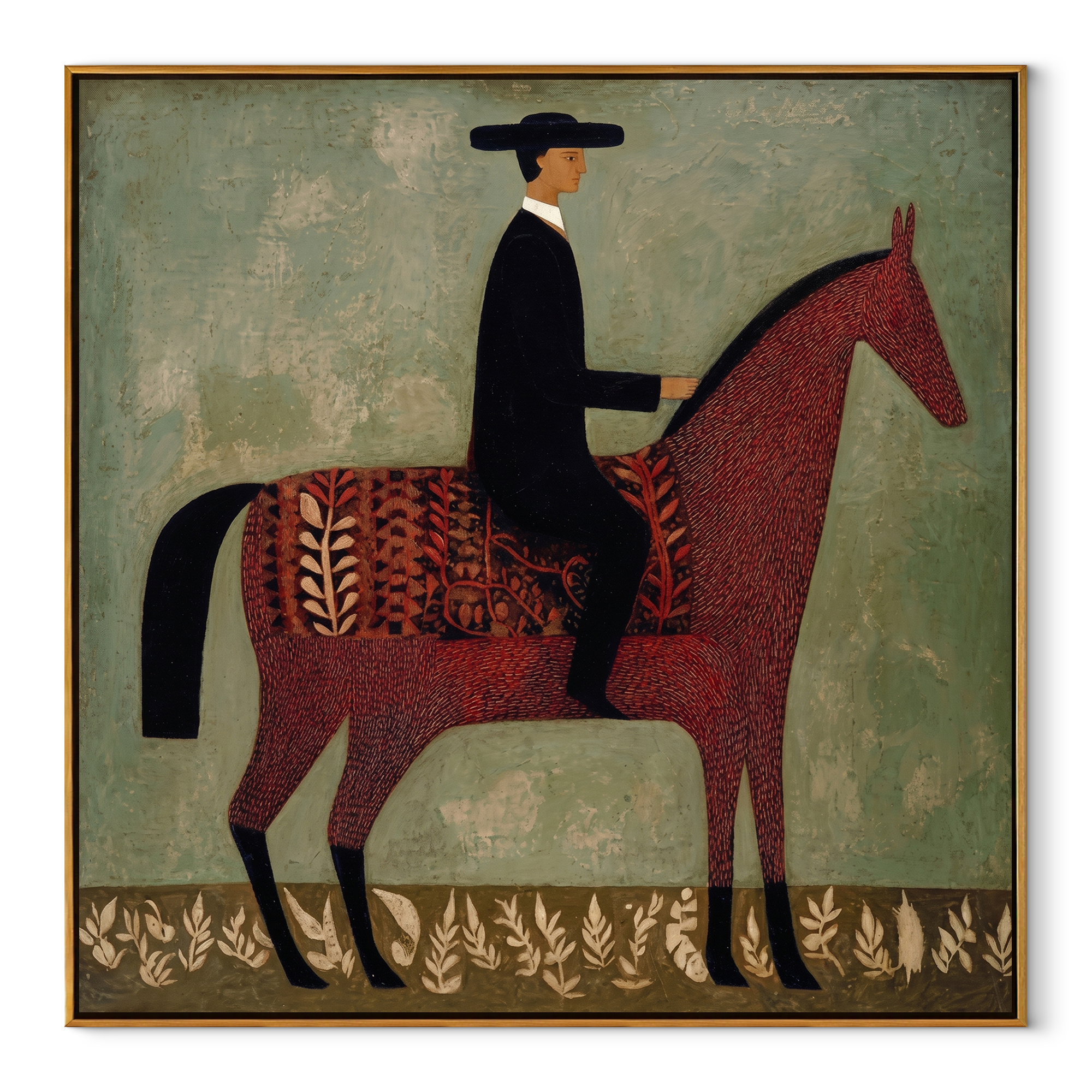 Patterned Saddle Meets Sage - decorative horse rider painting by Isabelle Laurent, modern Western square wall art – wood frame on white background