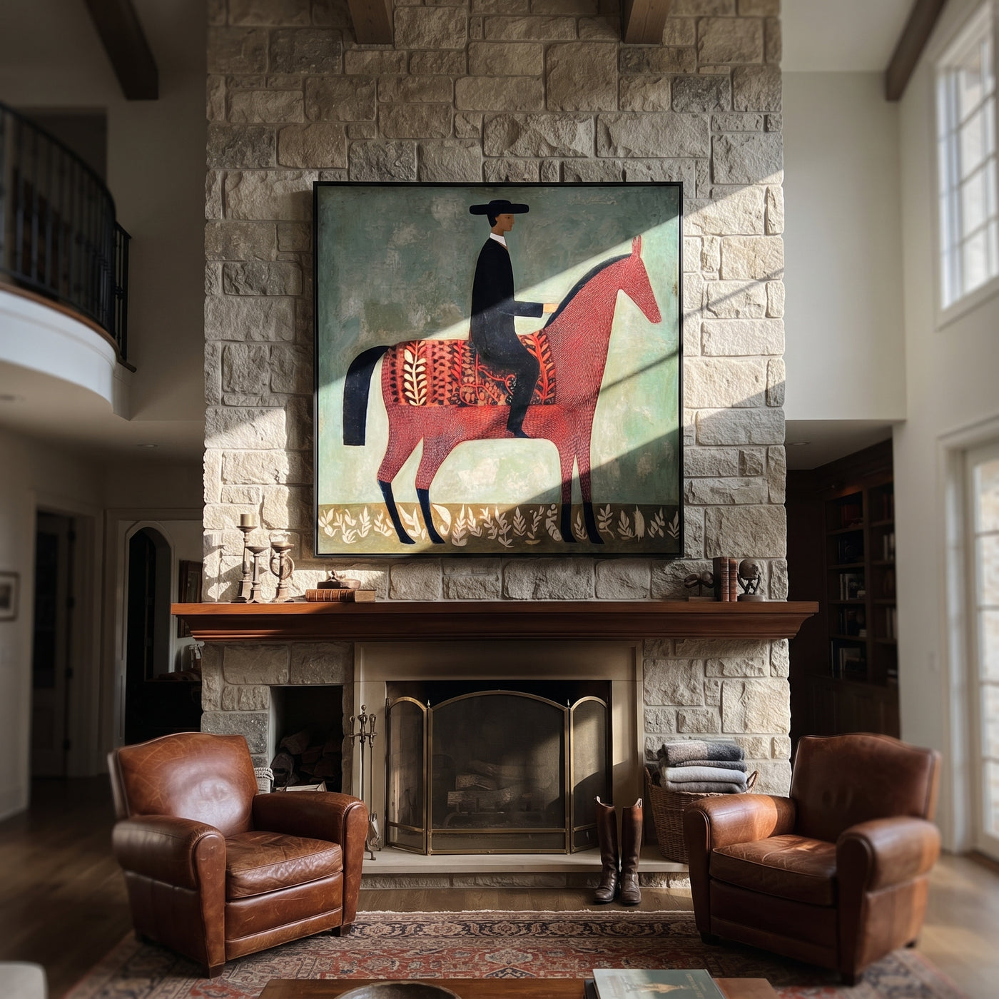 Patterned Saddle Meets Sage - decorative horse rider painting by Isabelle Laurent, modern Western square wall art – styled room scene view 3