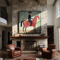 Patterned Saddle Meets Sage - decorative horse rider painting by Isabelle Laurent, modern Western square wall art – styled room scene view 3