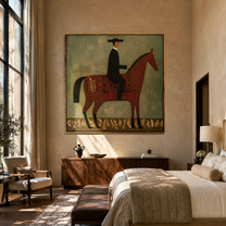 Patterned Saddle Meets Sage - decorative horse rider painting by Isabelle Laurent, modern Western square wall art – styled room scene view 4