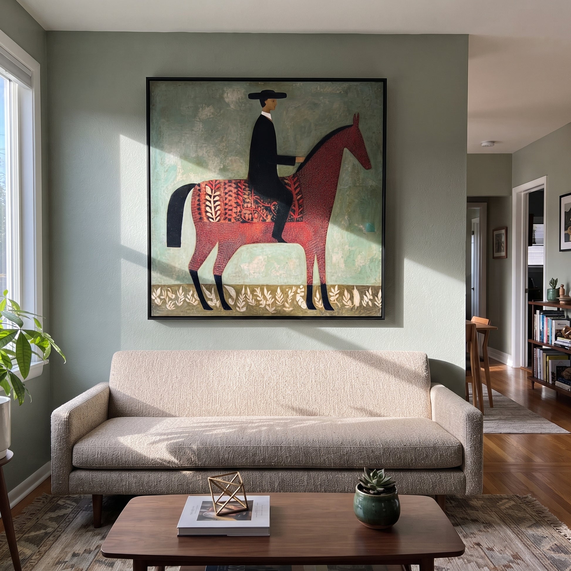 Patterned Saddle Meets Sage - decorative horse rider painting by Isabelle Laurent, modern Western square wall art – styled room scene view 5