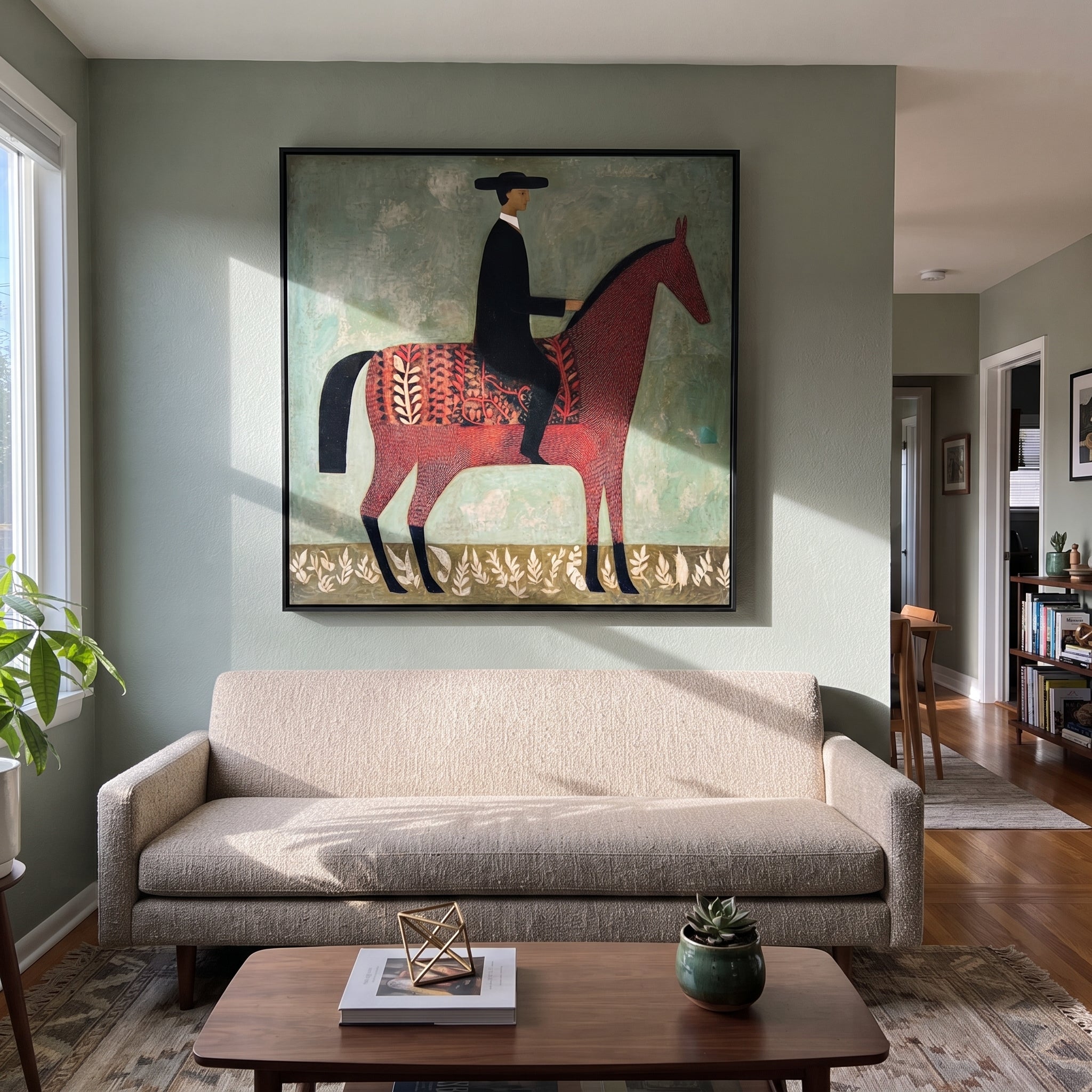 Patterned Saddle Meets Sage - decorative horse rider painting by Isabelle Laurent, modern Western square wall art – styled room scene view 5