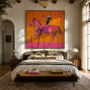 Pink Horses Race Sunlight - expressive two horse painting by Isabelle Laurent, modern Western square wall art – styled room scene view 1