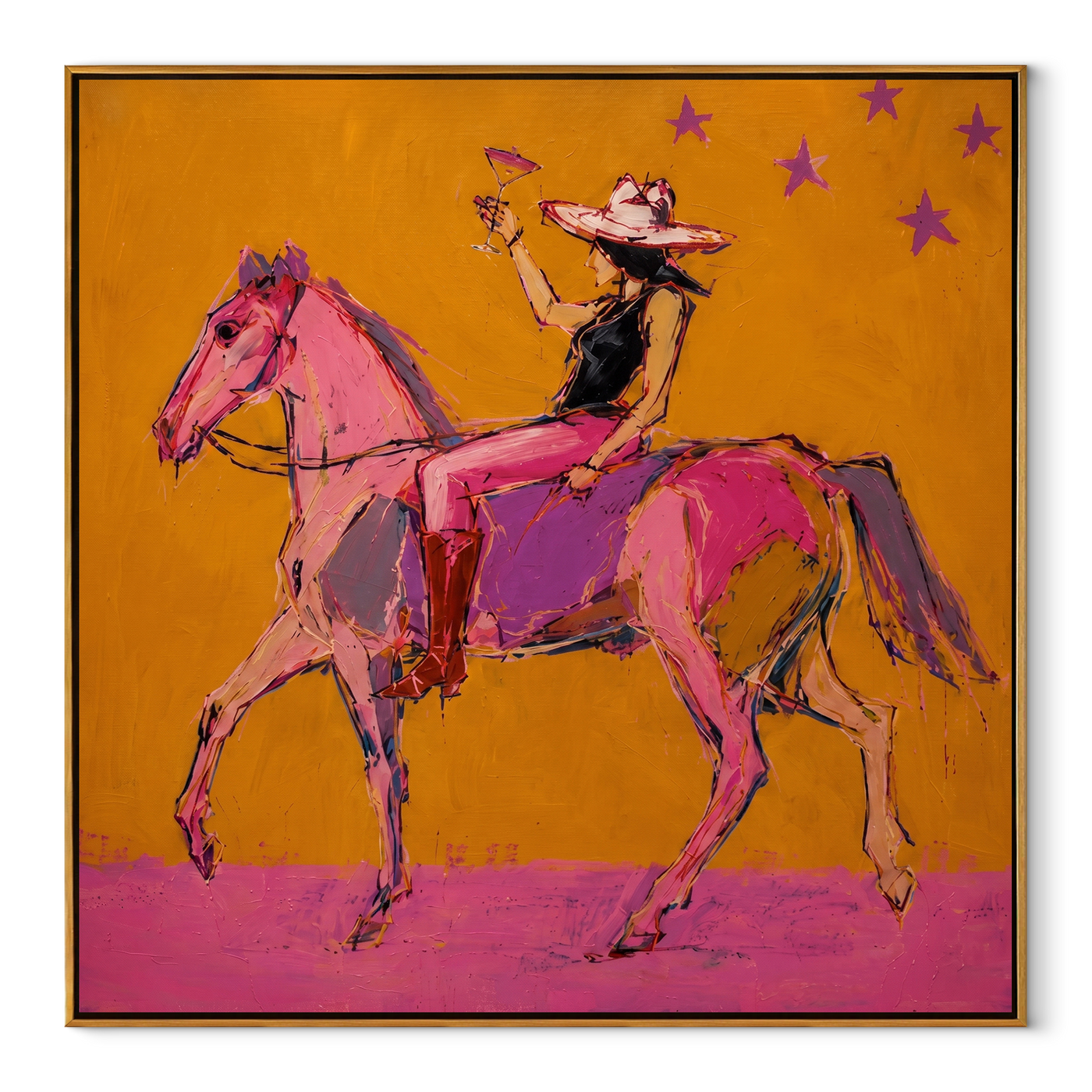 Pink Horses Race Sunlight - expressive two horse painting by Isabelle Laurent, modern Western square wall art – wood frame on white background