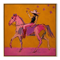 Pink Horses Race Sunlight - expressive two horse painting by Isabelle Laurent, modern Western square wall art – wood frame on white background