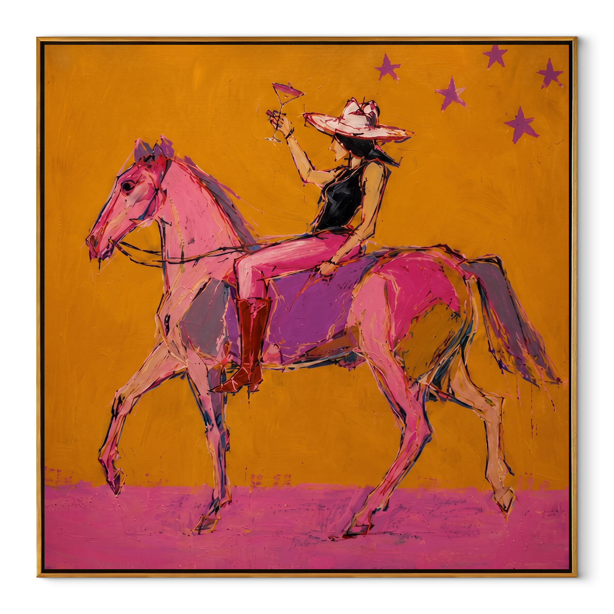 Pink Horses Race Sunlight - expressive two horse painting by Isabelle Laurent, modern Western square wall art – wood frame on white background