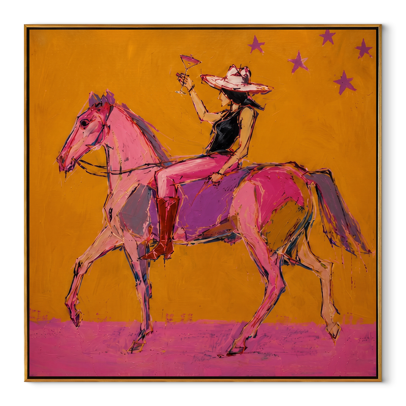 Pink Horses Race Sunlight - Expressive Two Horse Painting | Modern Western Square Wall Art