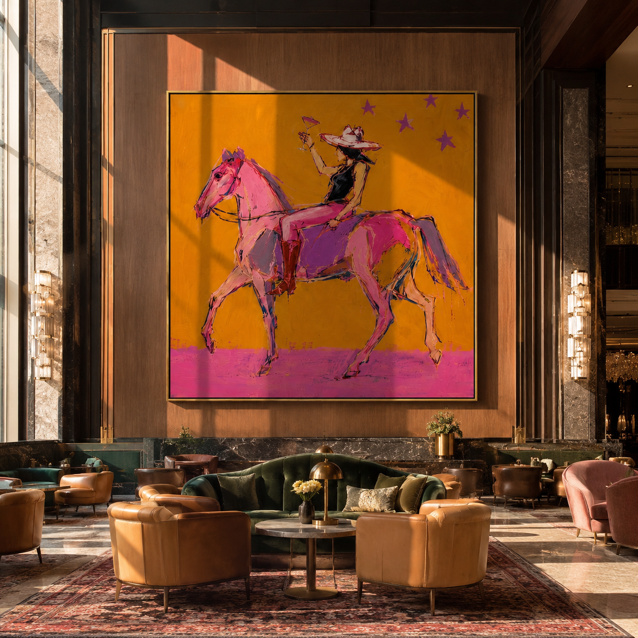 Pink Horses Race Sunlight - expressive two horse painting by Isabelle Laurent, modern Western square wall art – styled room scene view 2