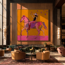 Pink Horses Race Sunlight - expressive two horse painting by Isabelle Laurent, modern Western square wall art – styled room scene view 2