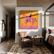 Pink Horses Race Sunlight - expressive two horse painting by Isabelle Laurent, modern Western square wall art – styled room scene view 4