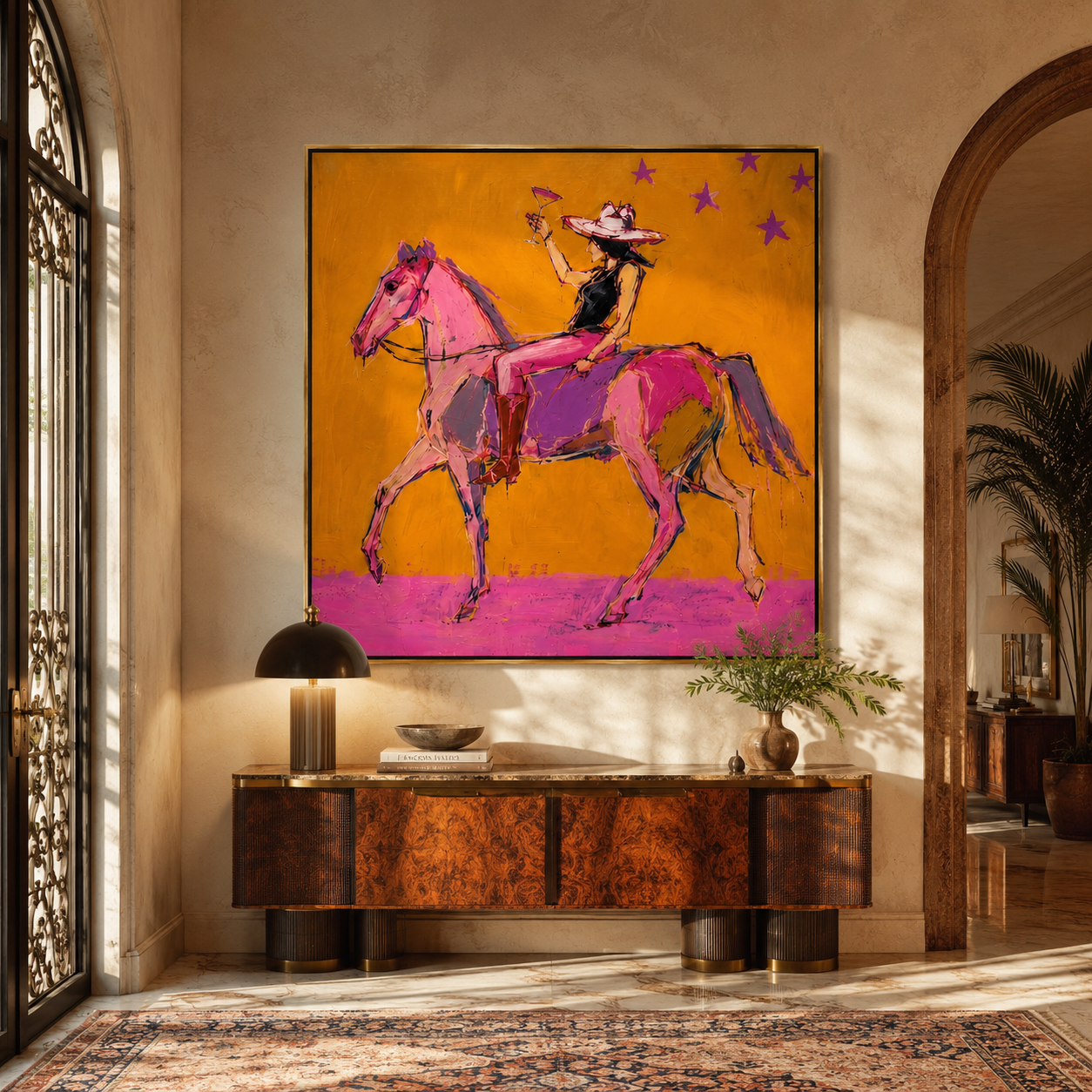 Pink Horses Race Sunlight - expressive two horse painting by Isabelle Laurent, modern Western square wall art – styled room scene view 5