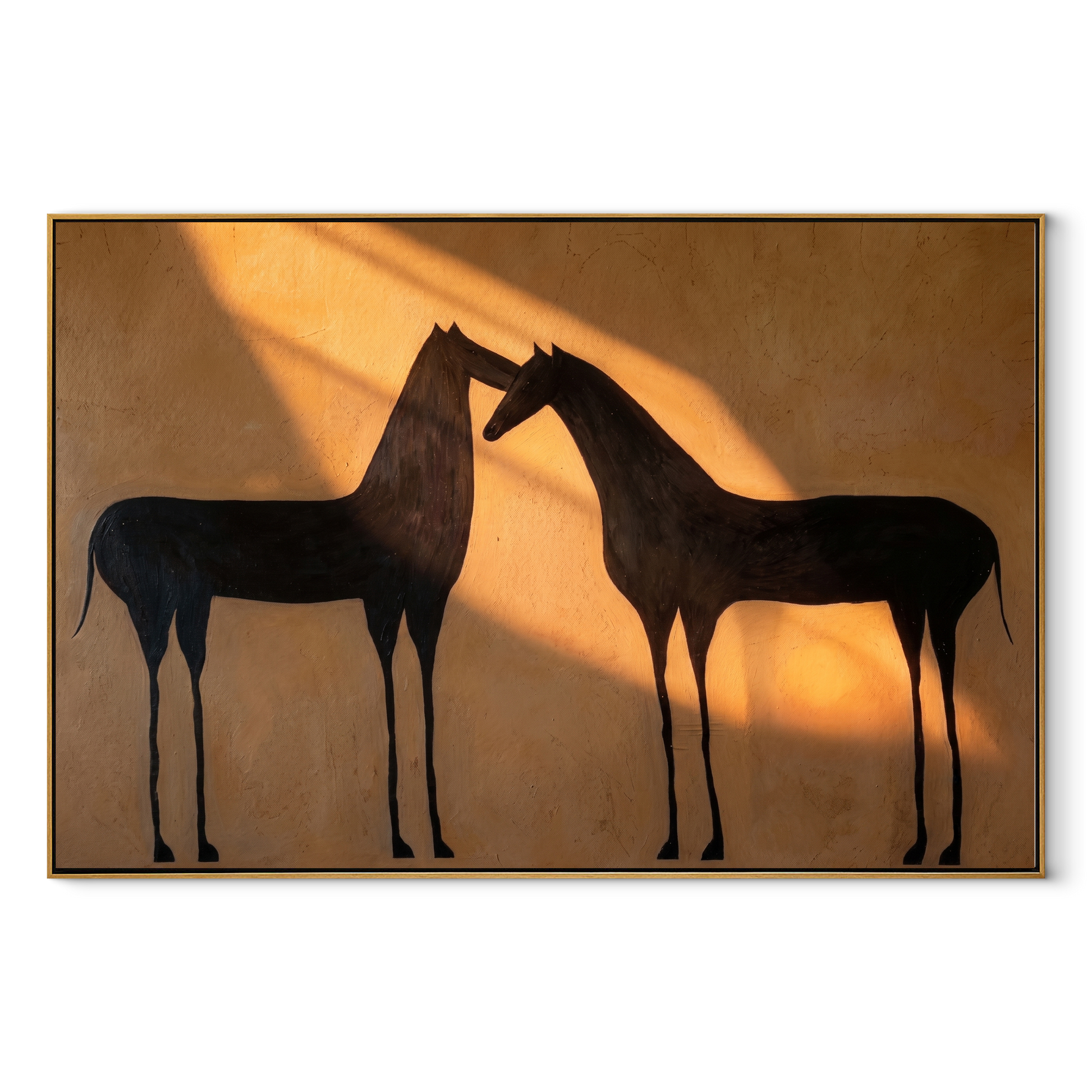 Two Shadows Meet Warmth - black horse pair painting by Isabelle Laurent, modern Western horizontal wall art – wood frame on white background