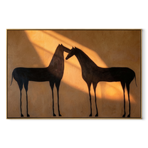 Two Shadows Meet Warmth - black horse pair painting by Isabelle Laurent, modern Western horizontal wall art – wood frame on white background