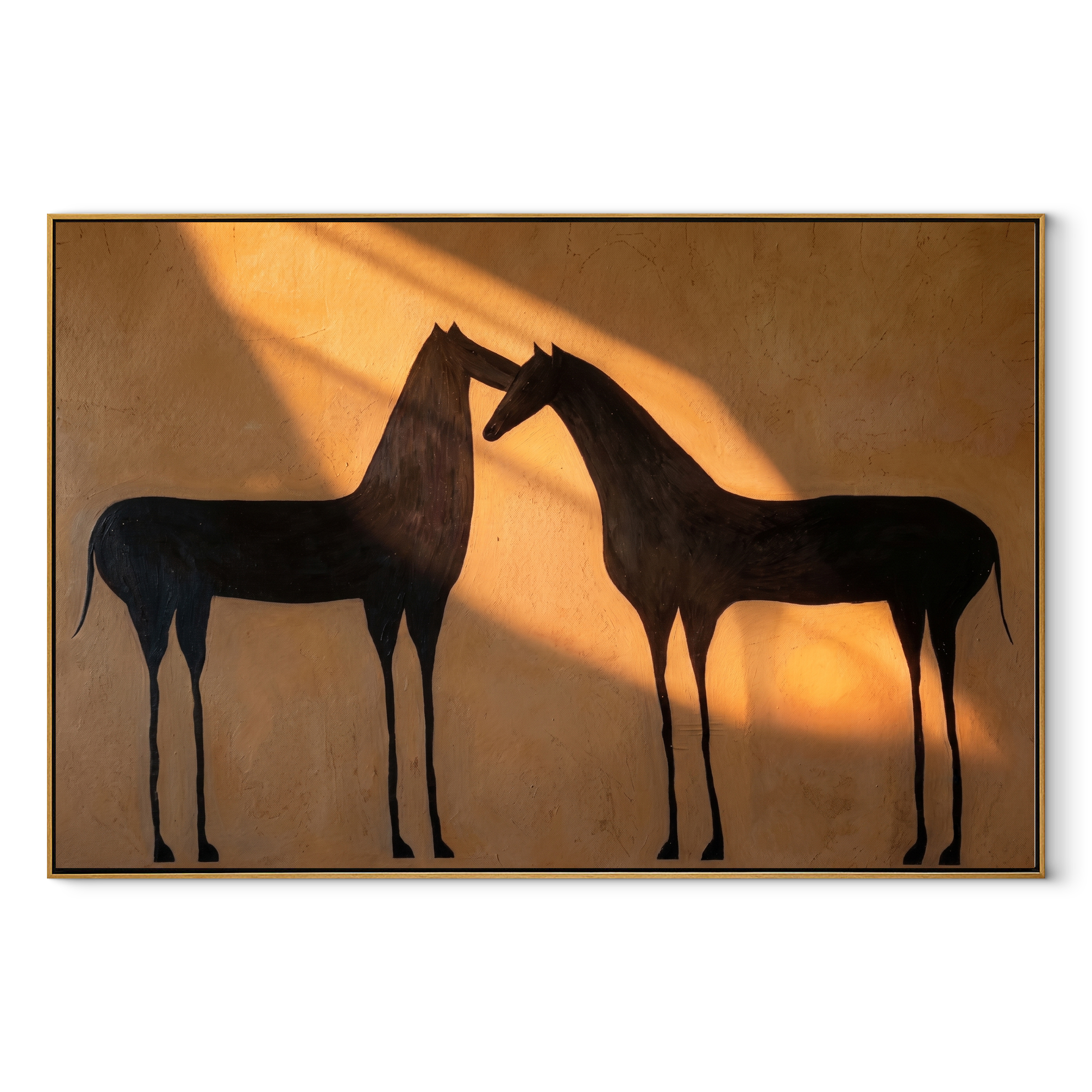 Two Shadows Meet Warmth - black horse pair painting by Isabelle Laurent, modern Western horizontal wall art – wood frame on white background
