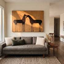 Two Shadows Meet Warmth - black horse pair painting by Isabelle Laurent, modern Western horizontal wall art – styled room scene view 3