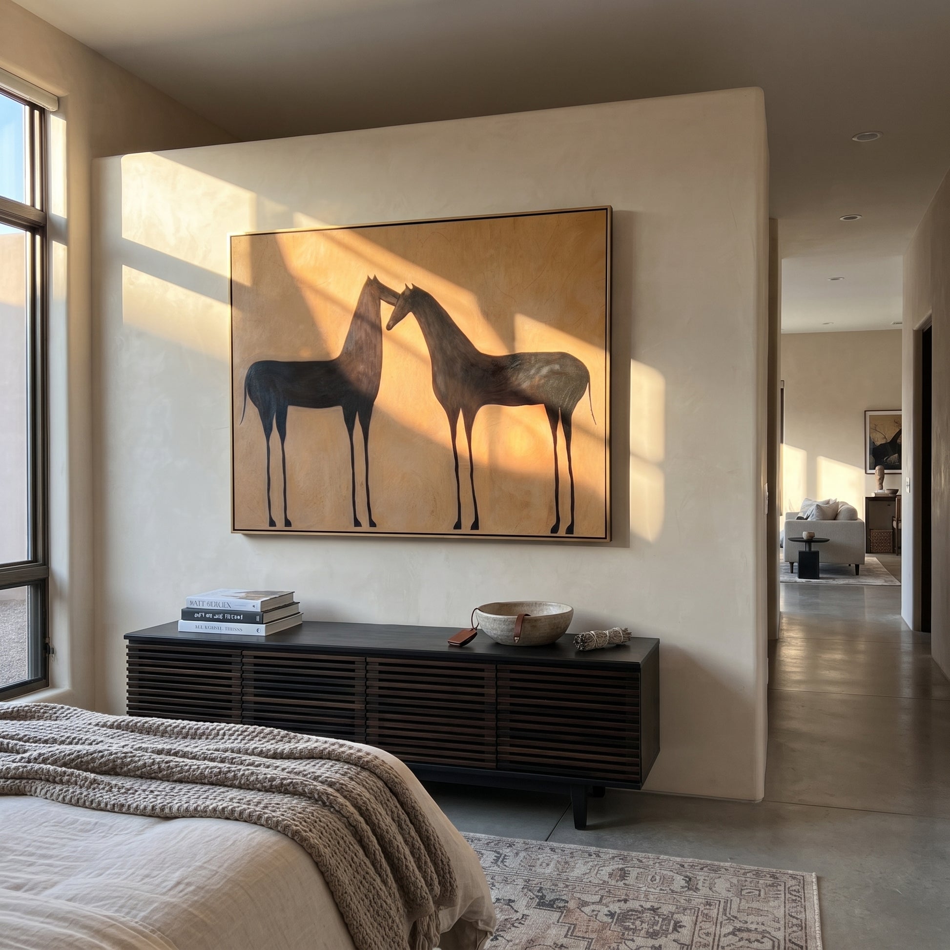 Two Shadows Meet Warmth - black horse pair painting by Isabelle Laurent, modern Western horizontal wall art – styled room scene view 4