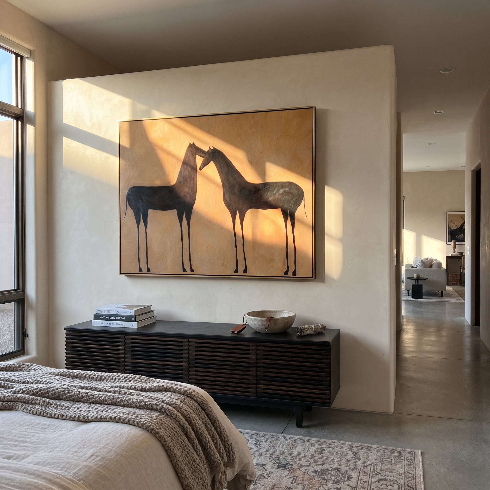 Two Shadows Meet Warmth - black horse pair painting by Isabelle Laurent, modern Western horizontal wall art – styled room scene view 4