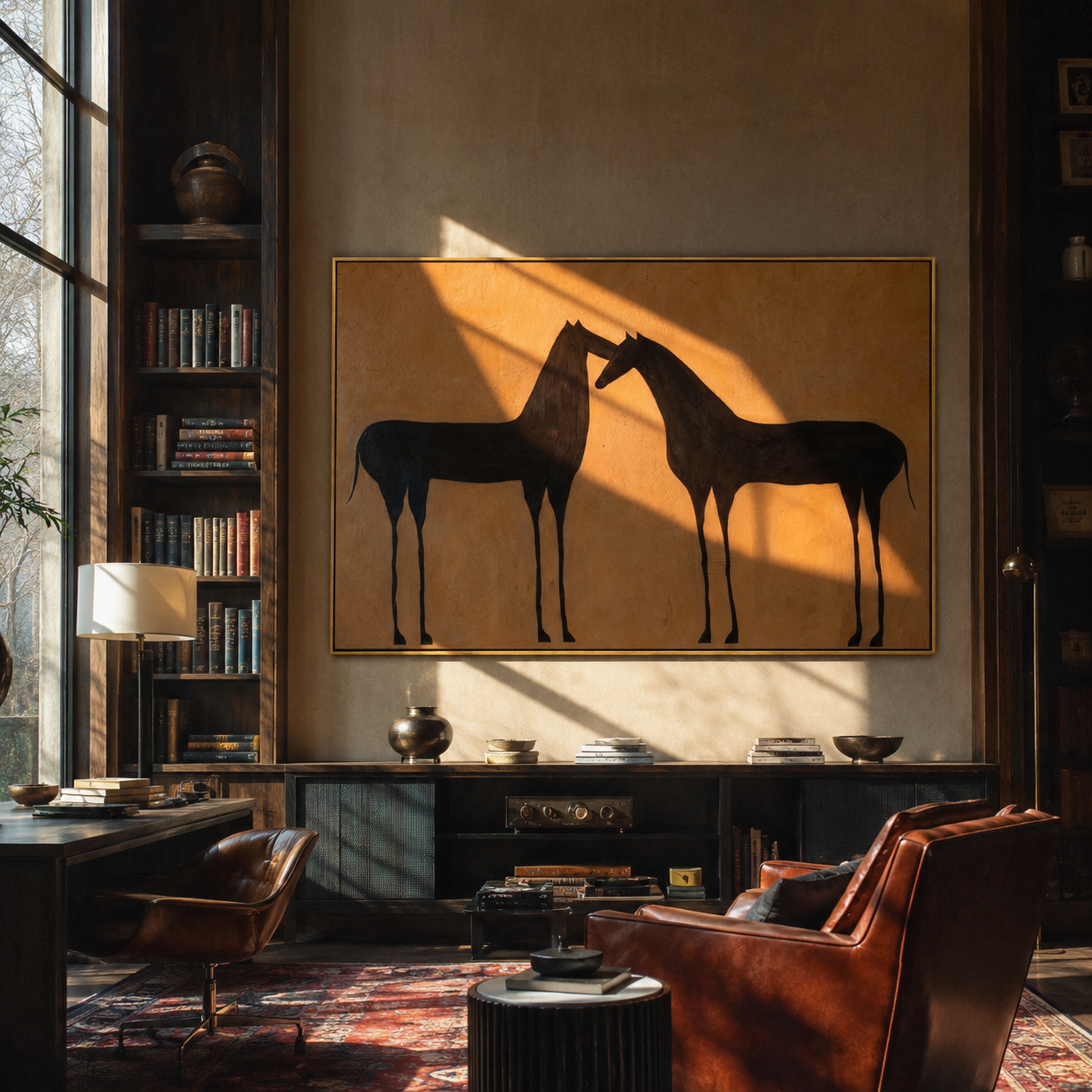 Two Shadows Meet Warmth - black horse pair painting by Isabelle Laurent, modern Western horizontal wall art – styled room scene view 5