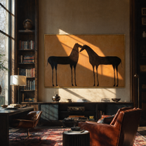 Two Shadows Meet Warmth - black horse pair painting by Isabelle Laurent, modern Western horizontal wall art – styled room scene view 5