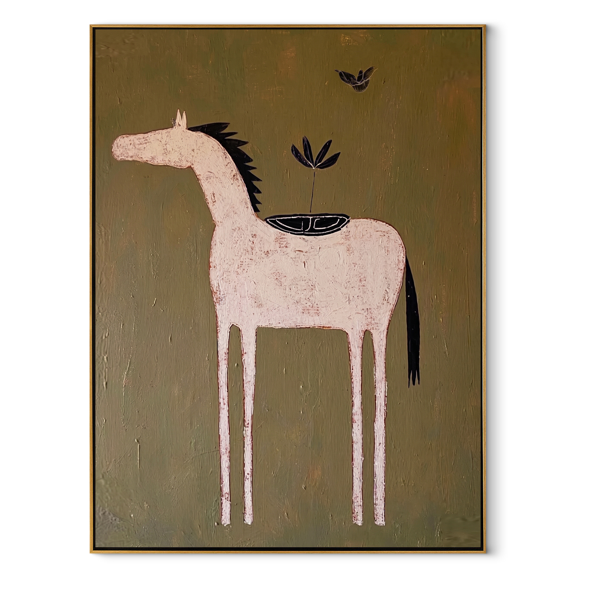 Pale Horse Carries Garden - minimal white horse painting by Isabelle Laurent, modern Western vertical wall art – wood frame on white background