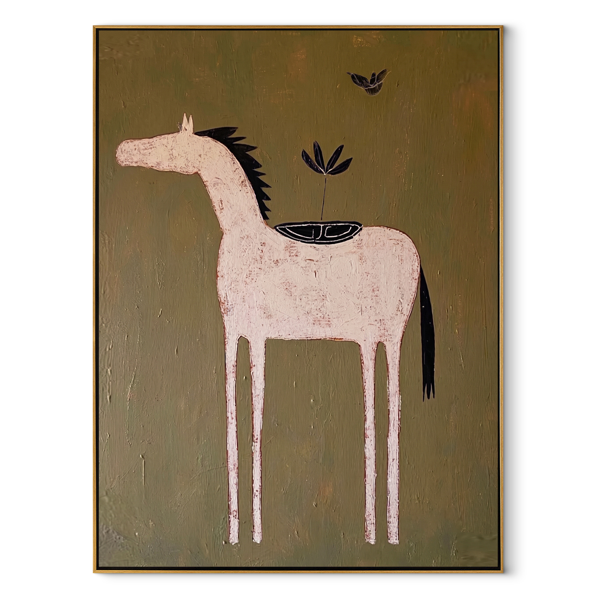 Pale Horse Carries Garden - minimal white horse painting by Isabelle Laurent, modern Western vertical wall art – wood frame on white background