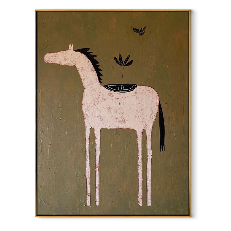 Pale Horse Carries Garden - Minimal White Horse Painting | Modern Western Vertical Wall Art