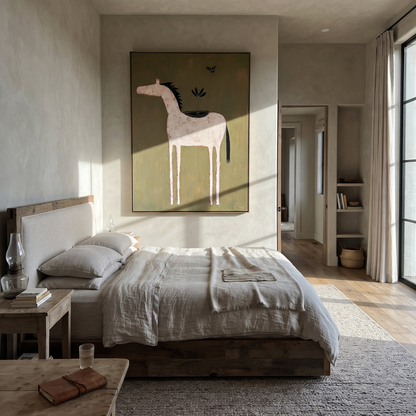 Pale Horse Carries Garden - minimal white horse painting by Isabelle Laurent, modern Western vertical wall art – styled room scene view 3