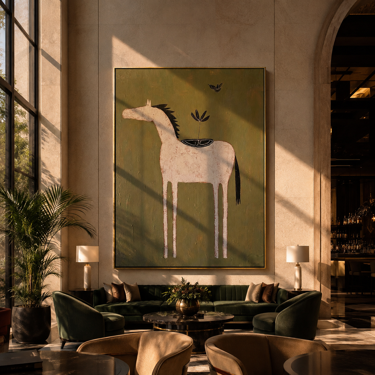 Pale Horse Carries Garden - minimal white horse painting by Isabelle Laurent, modern Western vertical wall art – styled room scene view 4