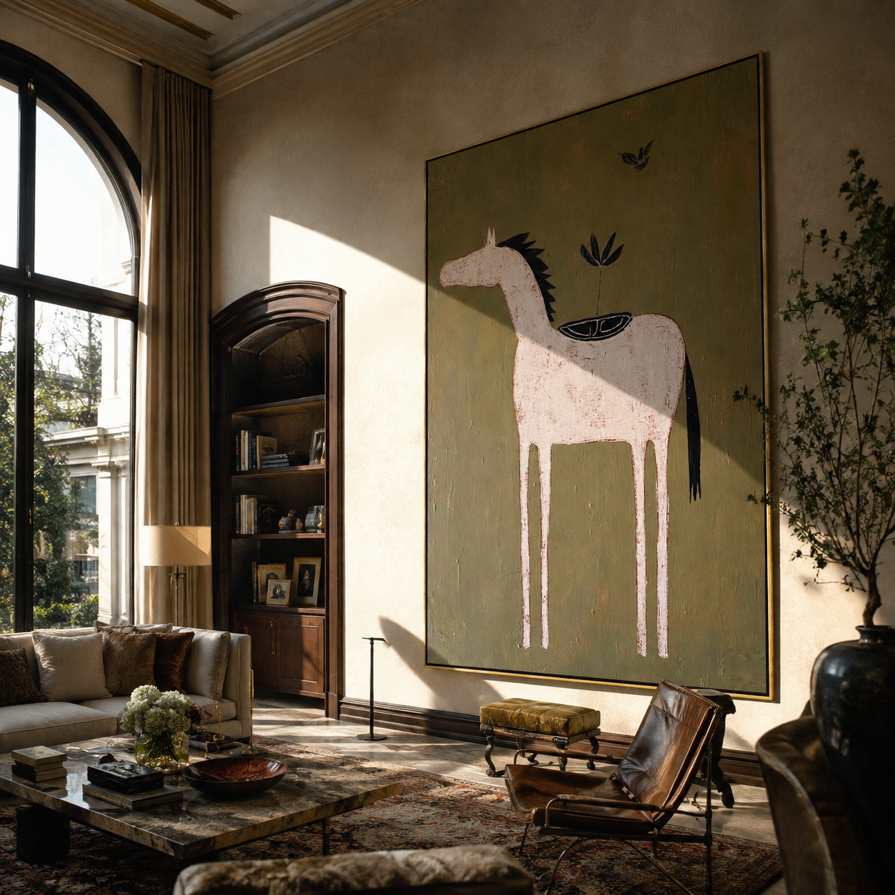 Pale Horse Carries Garden - minimal white horse painting by Isabelle Laurent, modern Western vertical wall art – styled room scene view 5