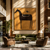 Black Saddle Holds Flight - saddled black horse painting by Isabelle Laurent, modern Western square wall art – styled room scene view 1