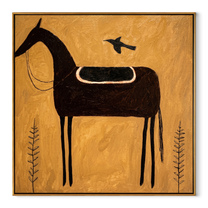 Black Saddle Holds Flight - saddled black horse painting by Isabelle Laurent, modern Western square wall art – wood frame on white background