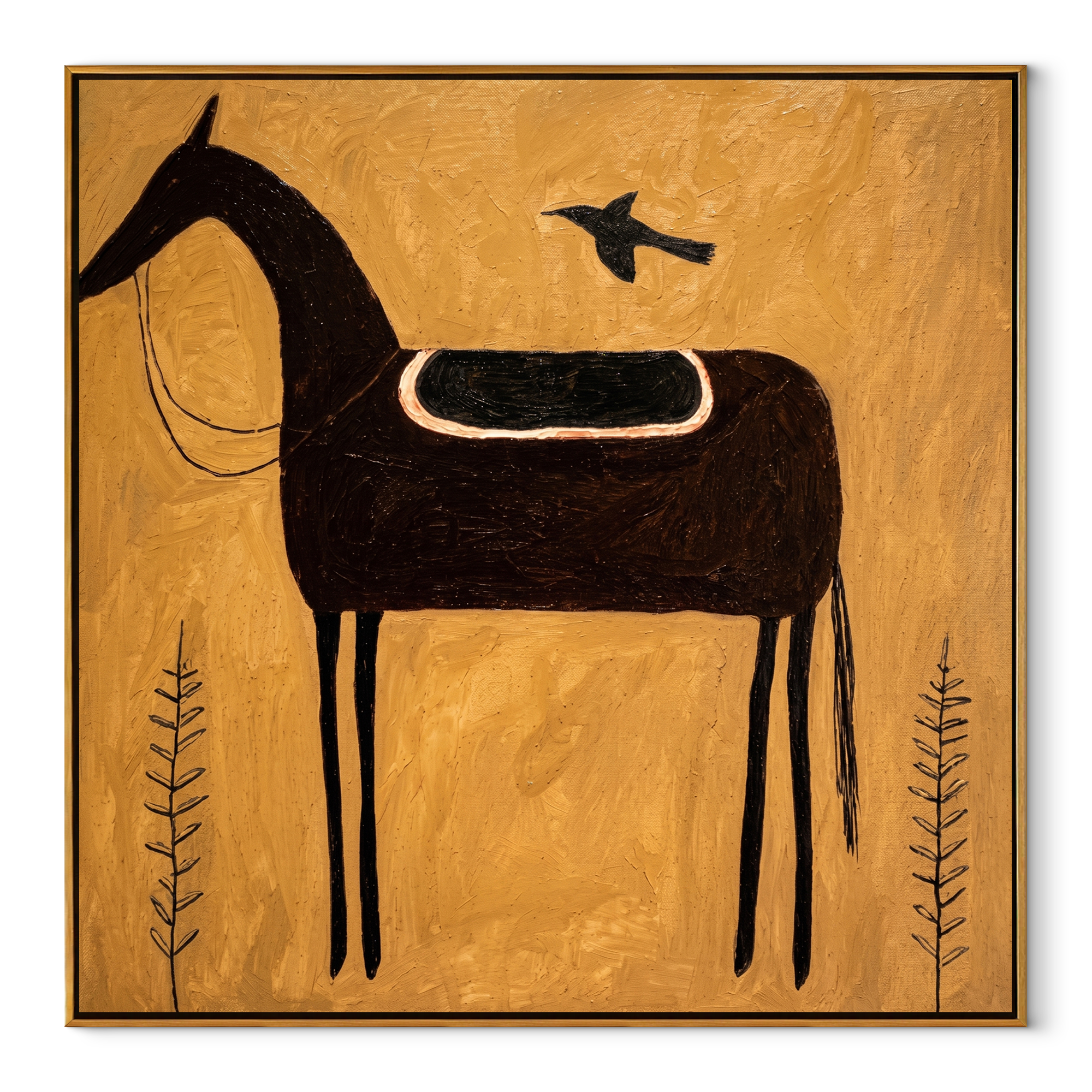 Black Saddle Holds Flight - saddled black horse painting by Isabelle Laurent, modern Western square wall art – wood frame on white background