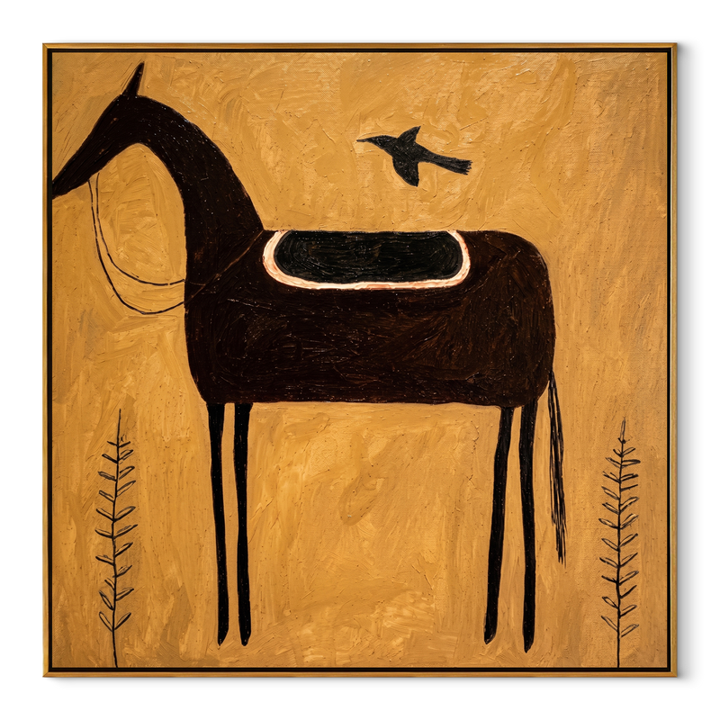 Black Saddle Holds Flight - Saddled Black Horse Painting | Modern Western Square Wall Art