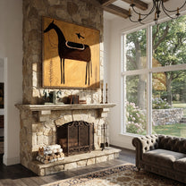 Black Saddle Holds Flight - saddled black horse painting by Isabelle Laurent, modern Western square wall art – styled room scene view 2