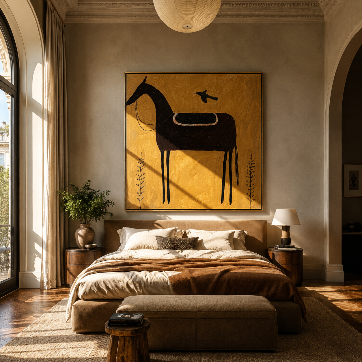 Black Saddle Holds Flight - saddled black horse painting by Isabelle Laurent, modern Western square wall art – styled room scene view 3