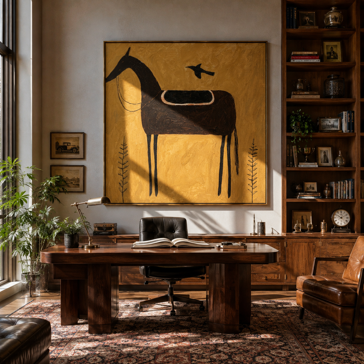 Black Saddle Holds Flight - saddled black horse painting by Isabelle Laurent, modern Western square wall art – styled room scene view 4