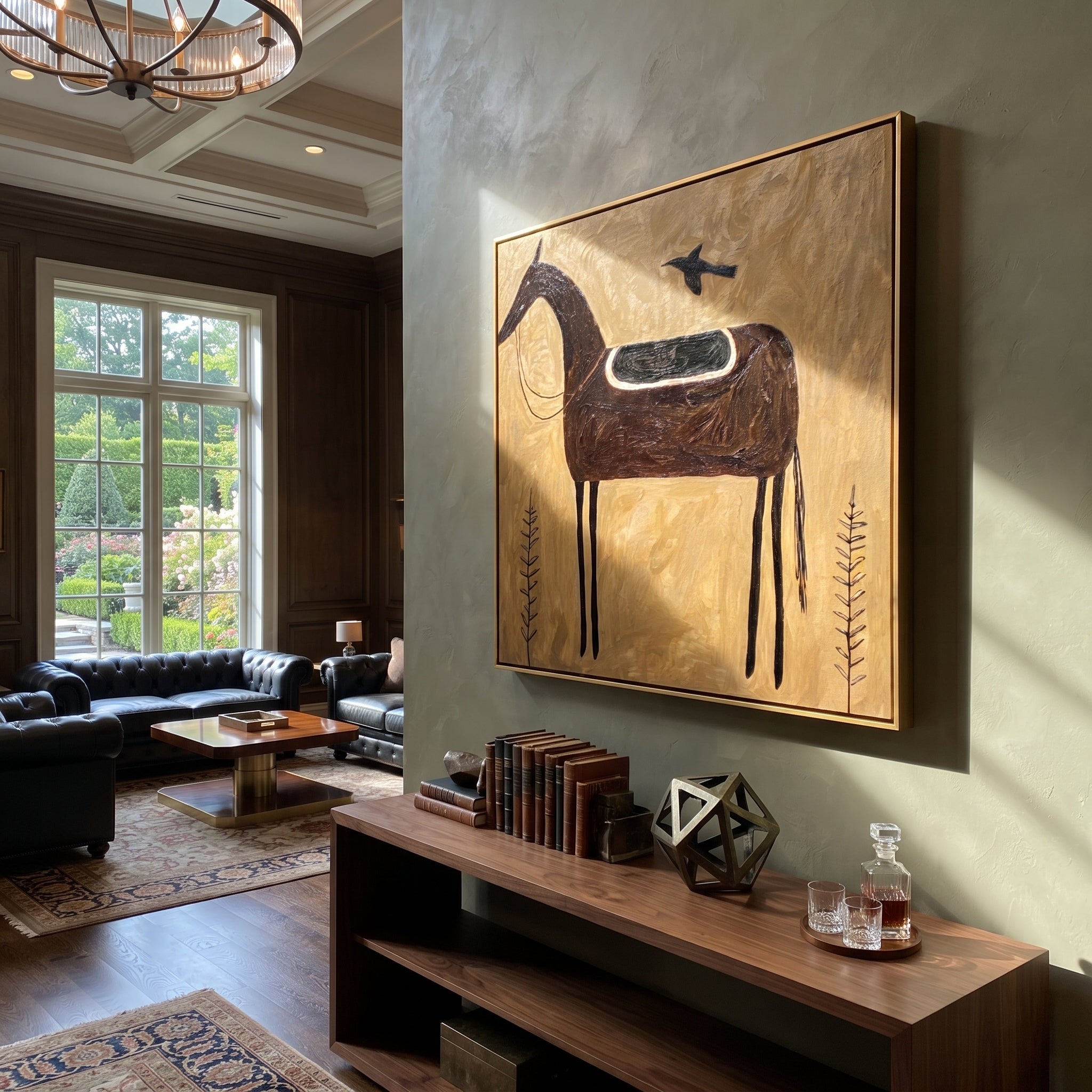 Black Saddle Holds Flight - saddled black horse painting by Isabelle Laurent, modern Western square wall art – styled room scene view 5