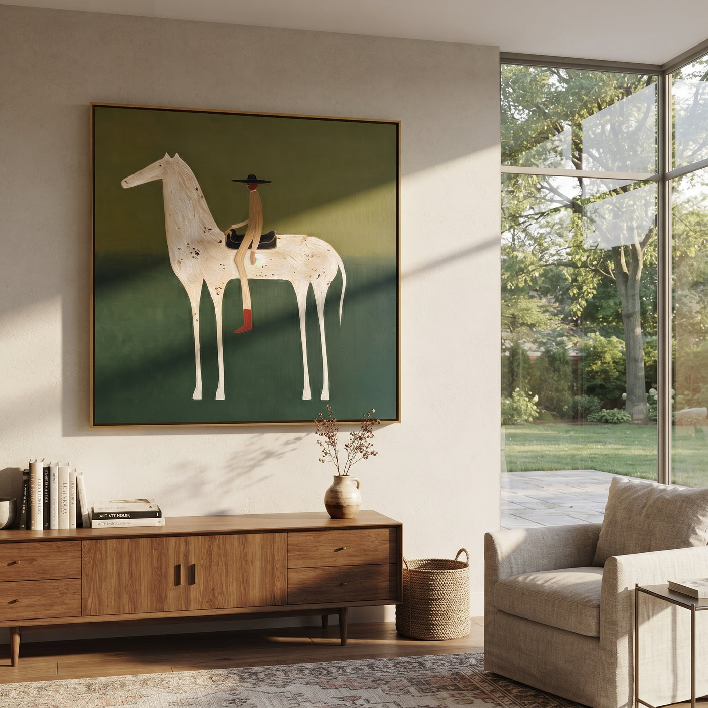 Red Boots Ride Mist - white horse rider painting by Isabelle Laurent, modern Western square wall art – styled room scene view 1