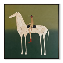 Red Boots Ride Mist - white horse rider painting by Isabelle Laurent, modern Western square wall art – wood frame on white background