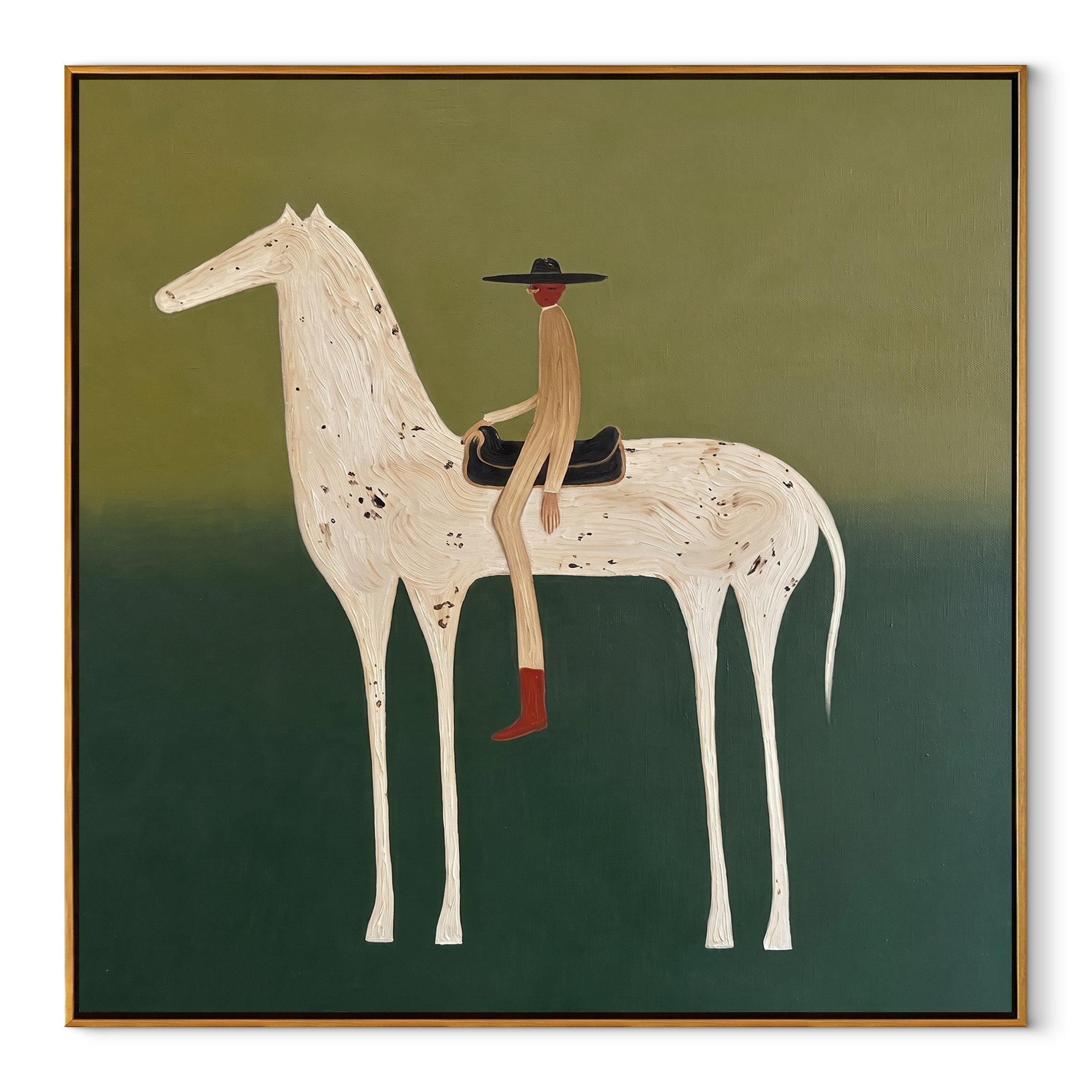 Red Boots Ride Mist - white horse rider painting by Isabelle Laurent, modern Western square wall art – wood frame on white background